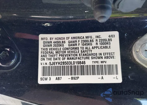 2003 Honda Element Ex из США, поврежденный, VIN 5J6YH28503L019846